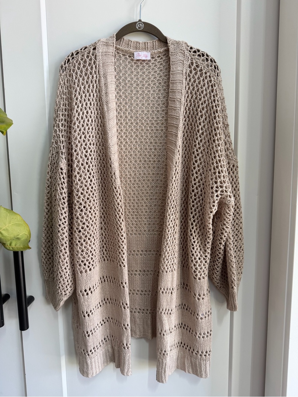 🌻 Sz Small Pink Lily Open-Knit Long Cardigan Sweater - Taupe